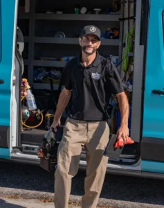 fullly stocked service truck, technician